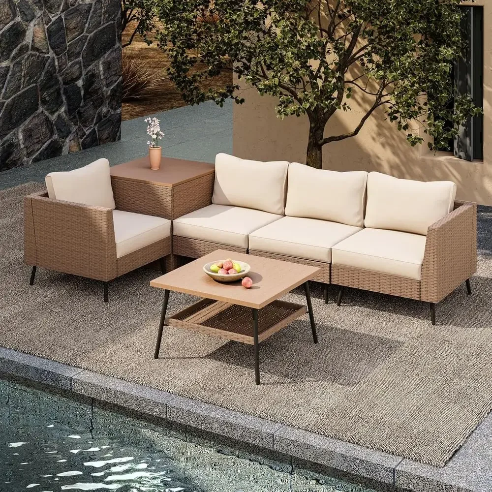 Outdoor Furniture With Storage For Cushions - 6-częściowy zestaw mebli ogrodowych, rattanowy narożnik