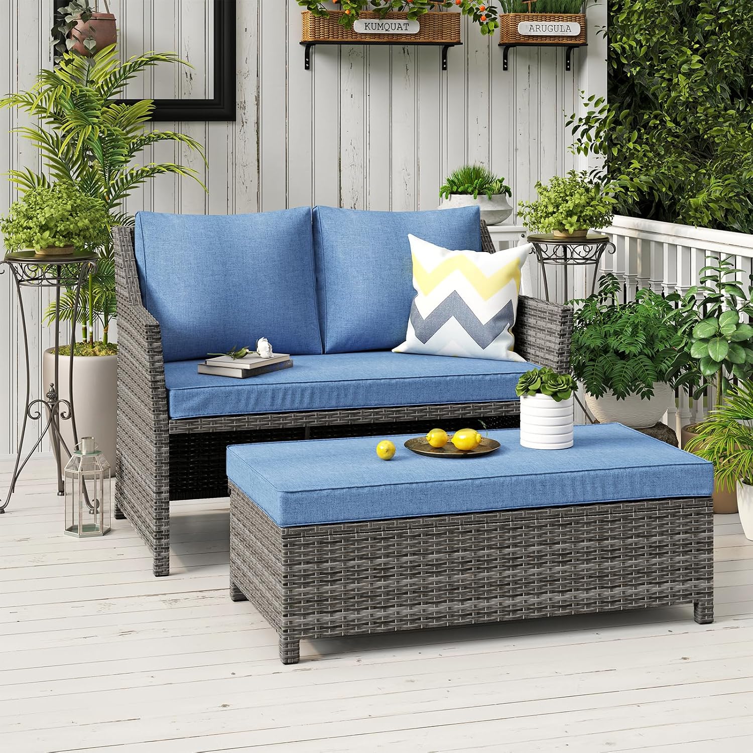 Outdoor Furniture With Storage For Cushions - Wiklinowy dwuosobowy fotel ogrodowy z pufą