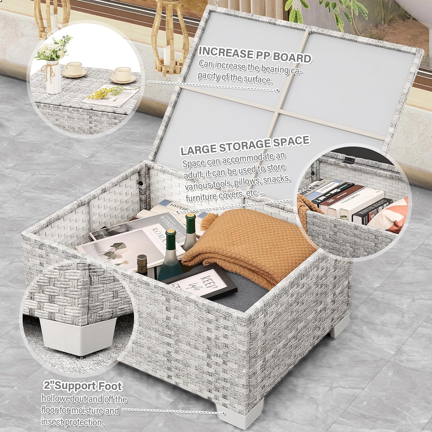 Outdoor Furniture With Storage For Cushions - Szary zestaw mebli ogrodowych z wikliny